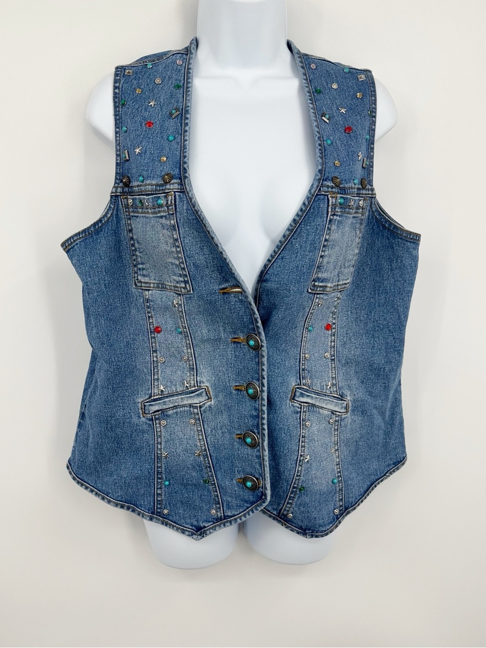 Vintage Y2K Studded Embellished Denim Jacket Vest Size Medium Boho Whimsical